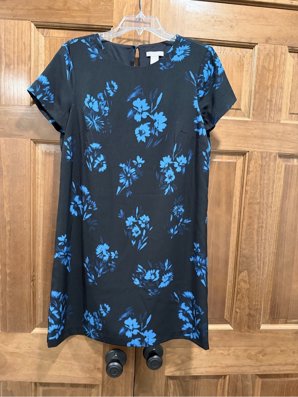 H&M Black Floral with Blue Print Short Sleeve Shift Evening Party Dress, Size 8
